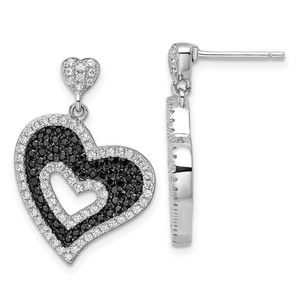 Sterling Silver Black & Clear CZ Brilliant Embers Heart Dangle Earrings